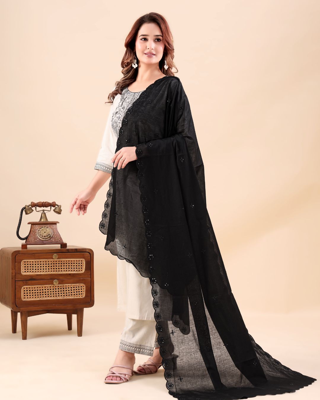 Black Cotton Mulmul Dupatta - Heritage Crest