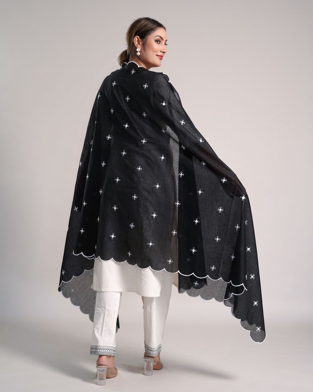 Black Cotton Mulmul Dupatta - Floating Dots
