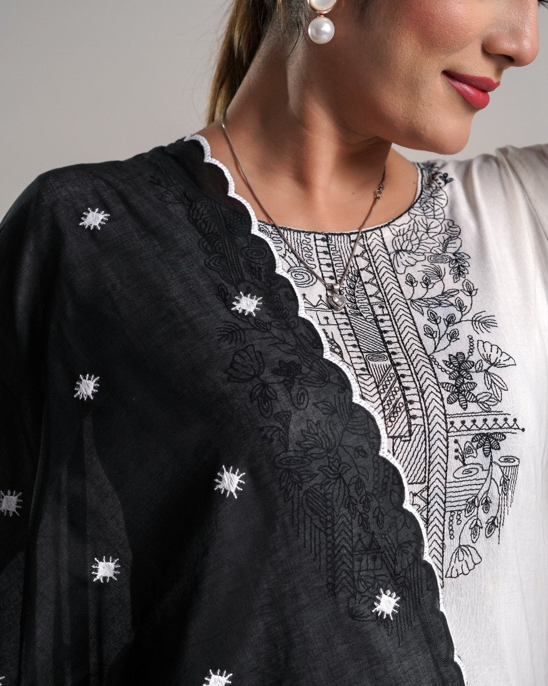 Black Cotton Mulmul Dupatta - Scallop Grace