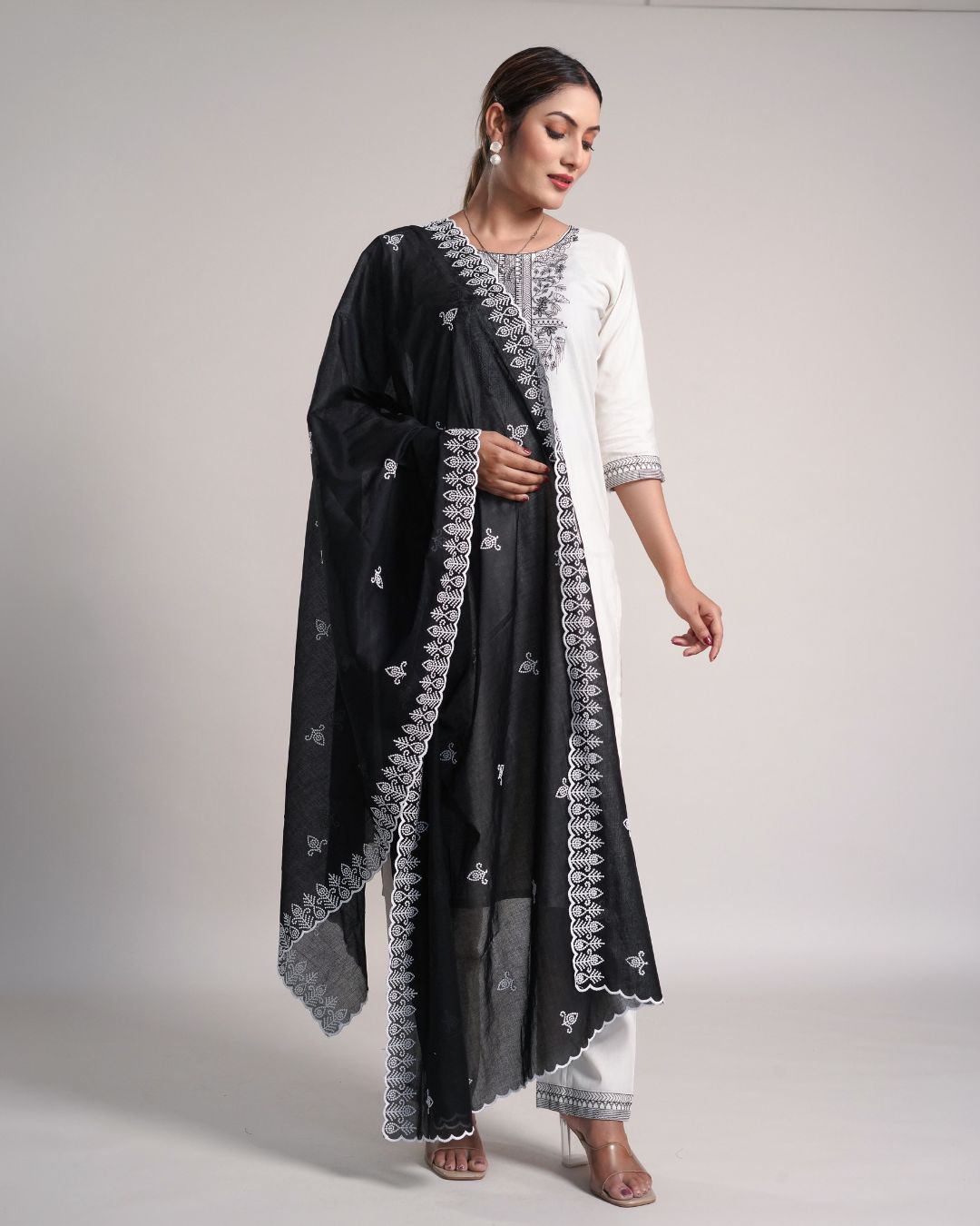 Black Cotton Mulmul Dupatta - Cross Stitch