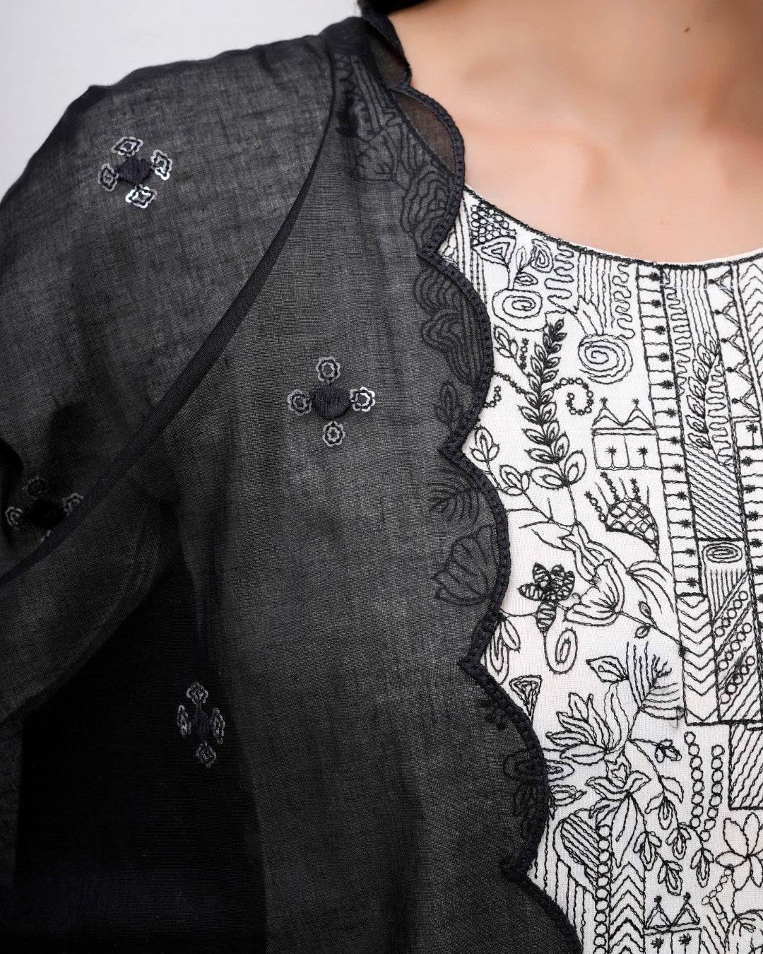 Black Cotton Mulmul Dupatta - Petite Motifs