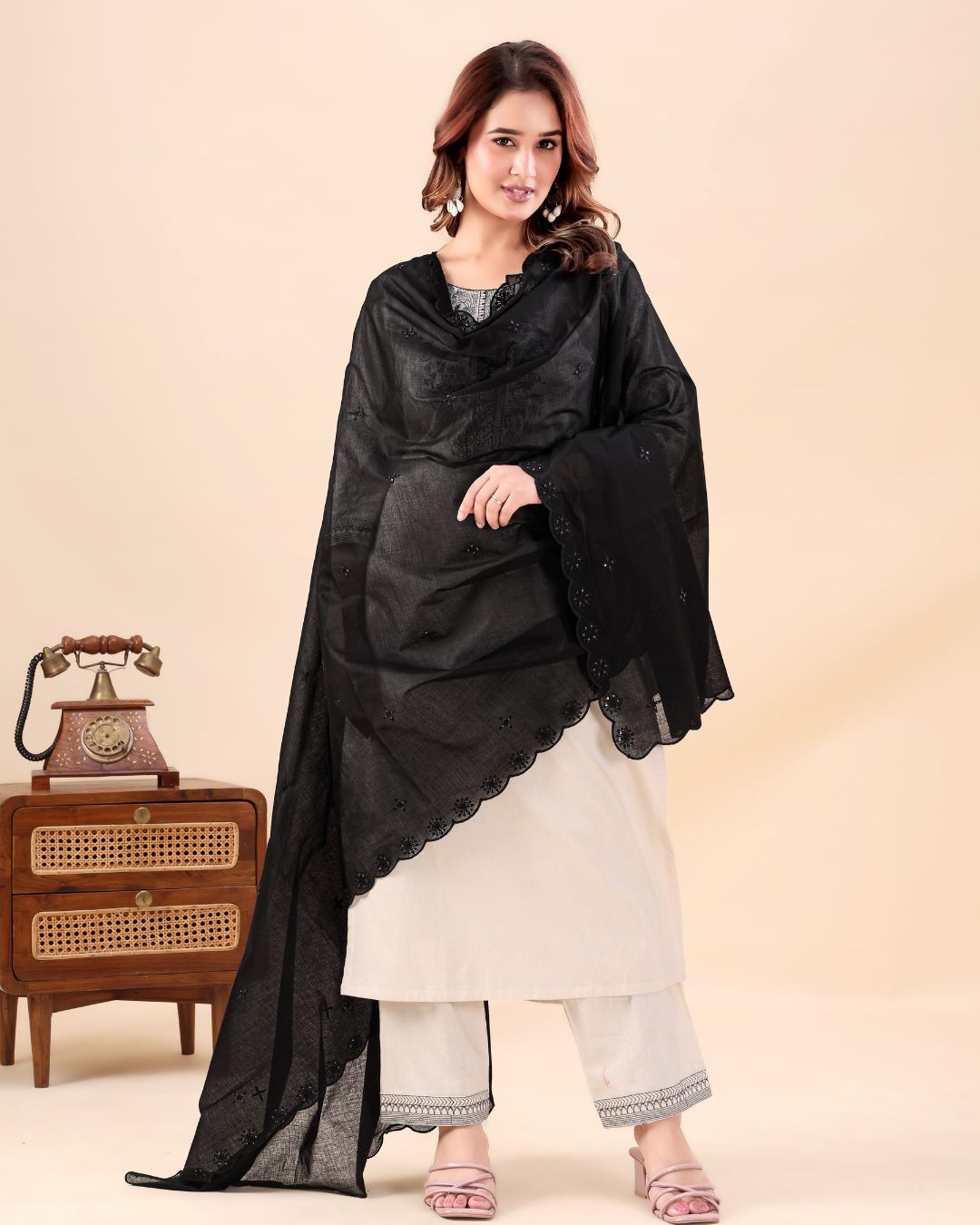 Black Cotton Mulmul Dupatta - Heritage Crest