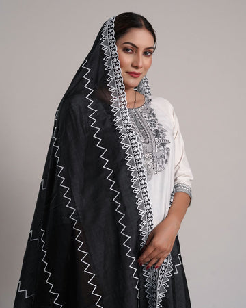 Black Cotton Mulmul Dupatta - Tribal Edge