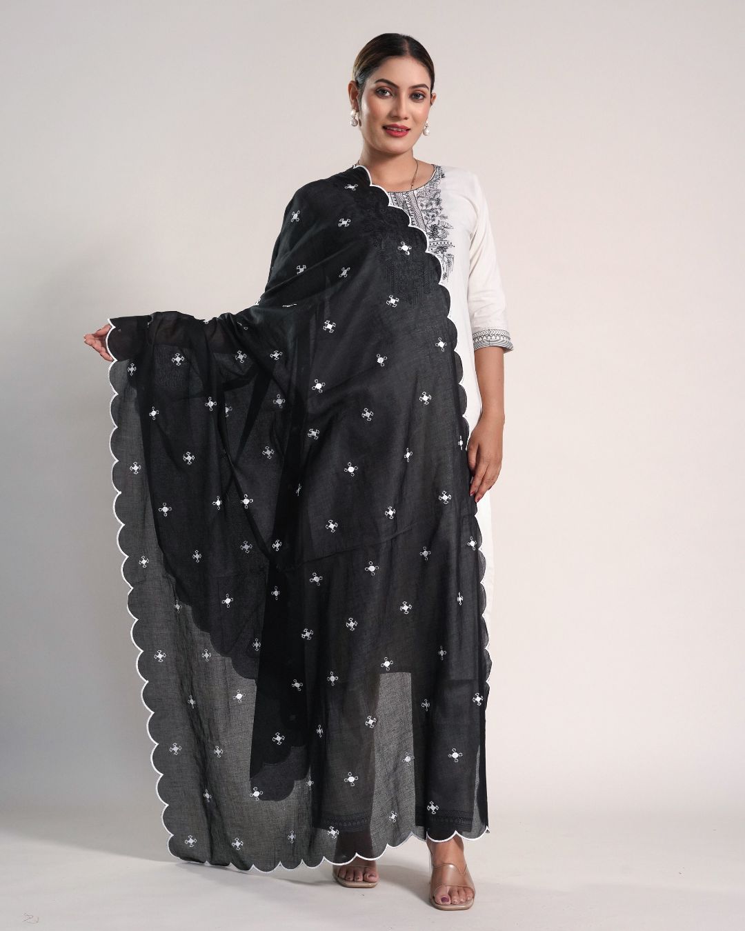 Black Cotton Mulmul Dupatta - Floating Dots