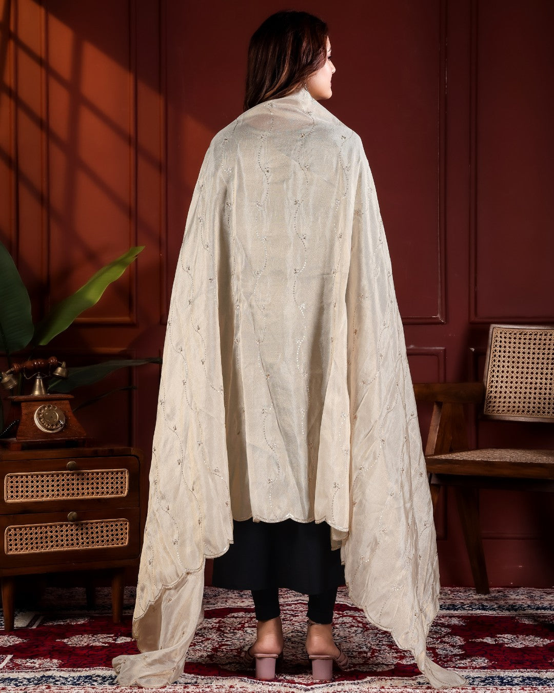 Dyeable Shimmer Tissue Silk Dupatta - Leher Jaal