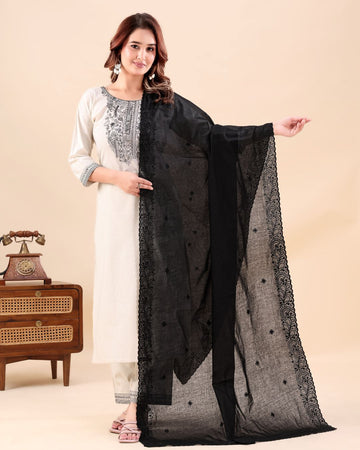 Black Cotton Mulmul Dupatta - Flora Trail