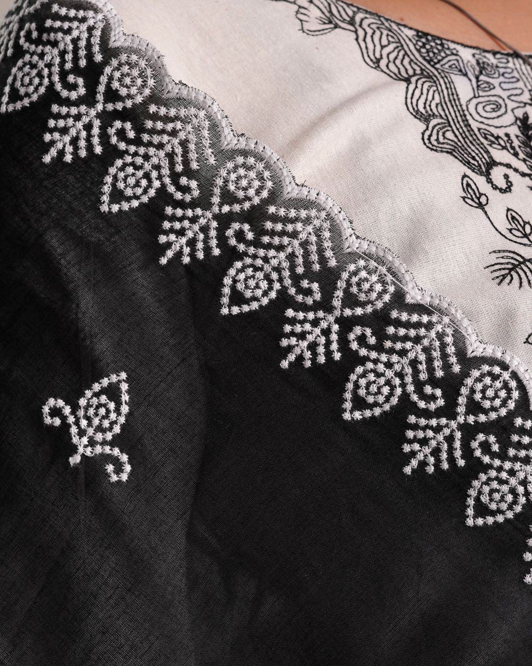 Black Cotton Mulmul Dupatta - Cross Stitch