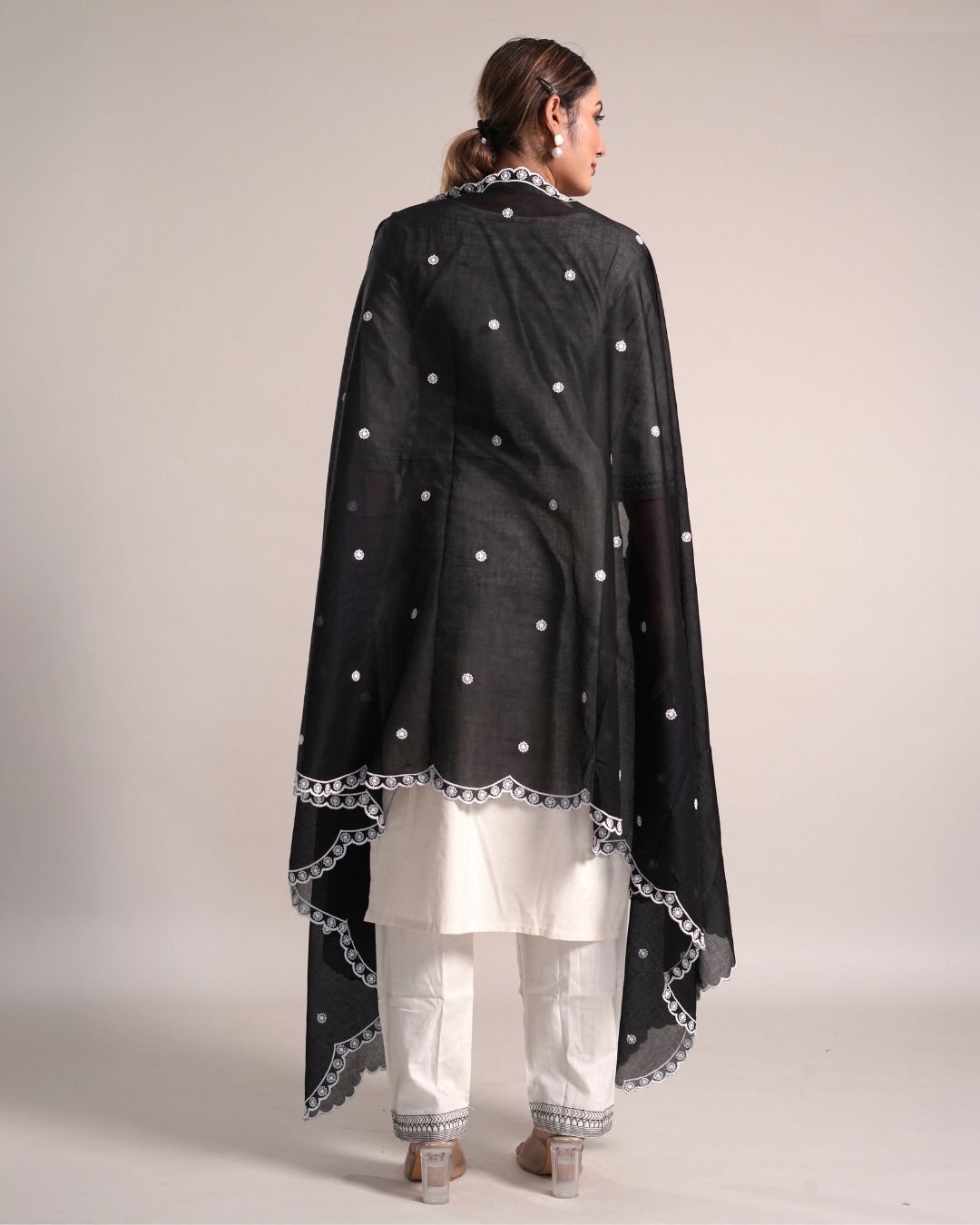 Black Cotton Mulmul Dupatta - Petal Drift