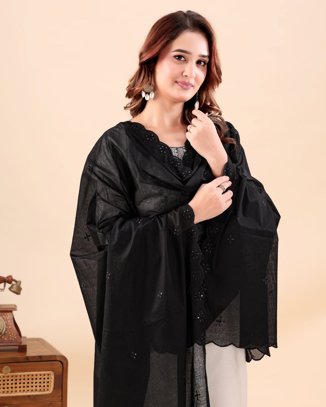 Black Cotton Mulmul Dupatta - Heritage Crest
