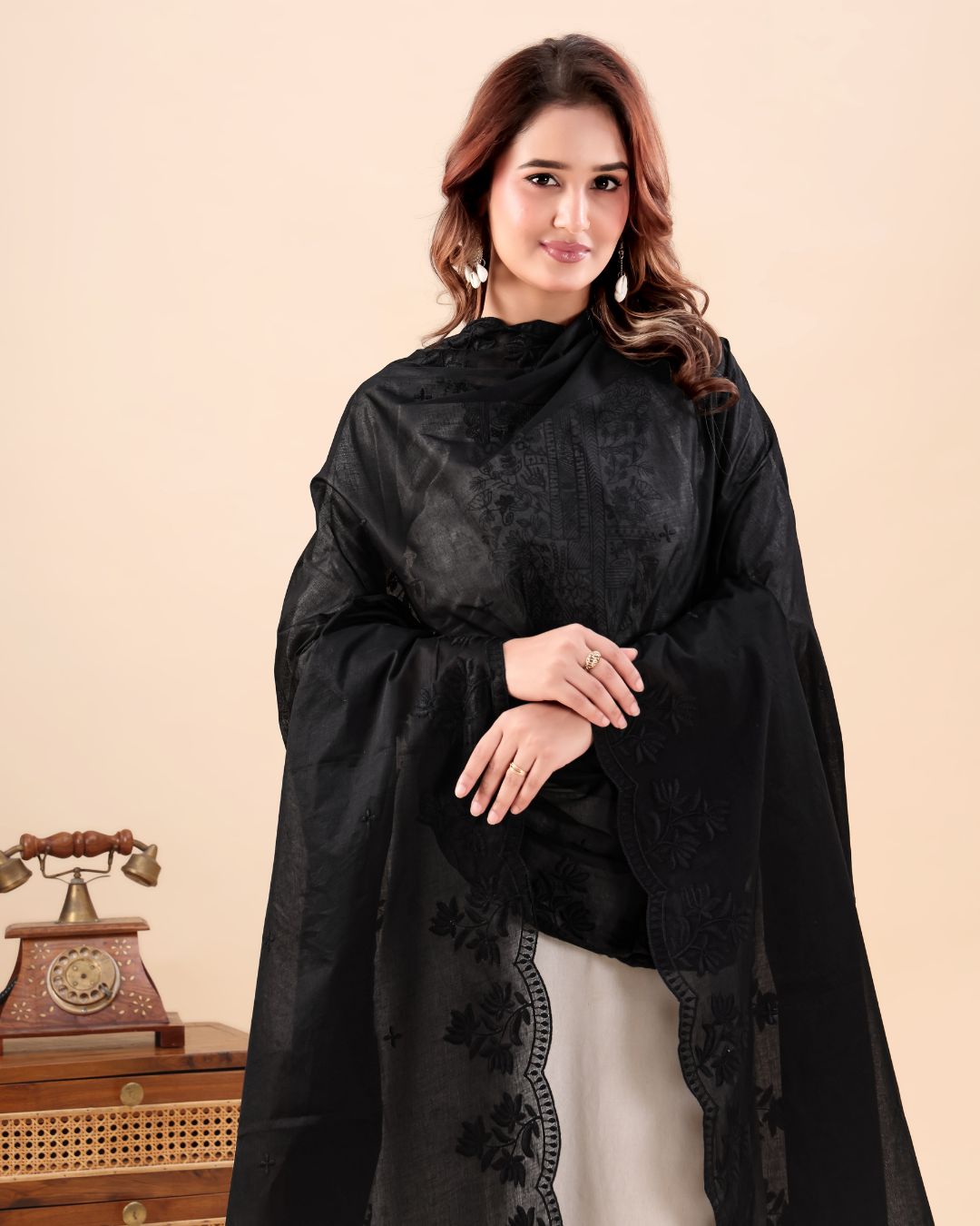 Black Cotton Mulmul Dupatta - Gul Mehar