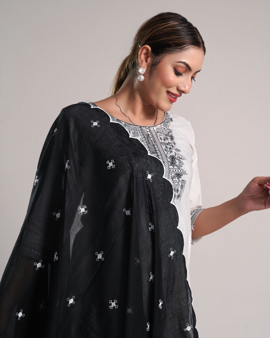 Black Cotton Mulmul Dupatta - Floating Dots