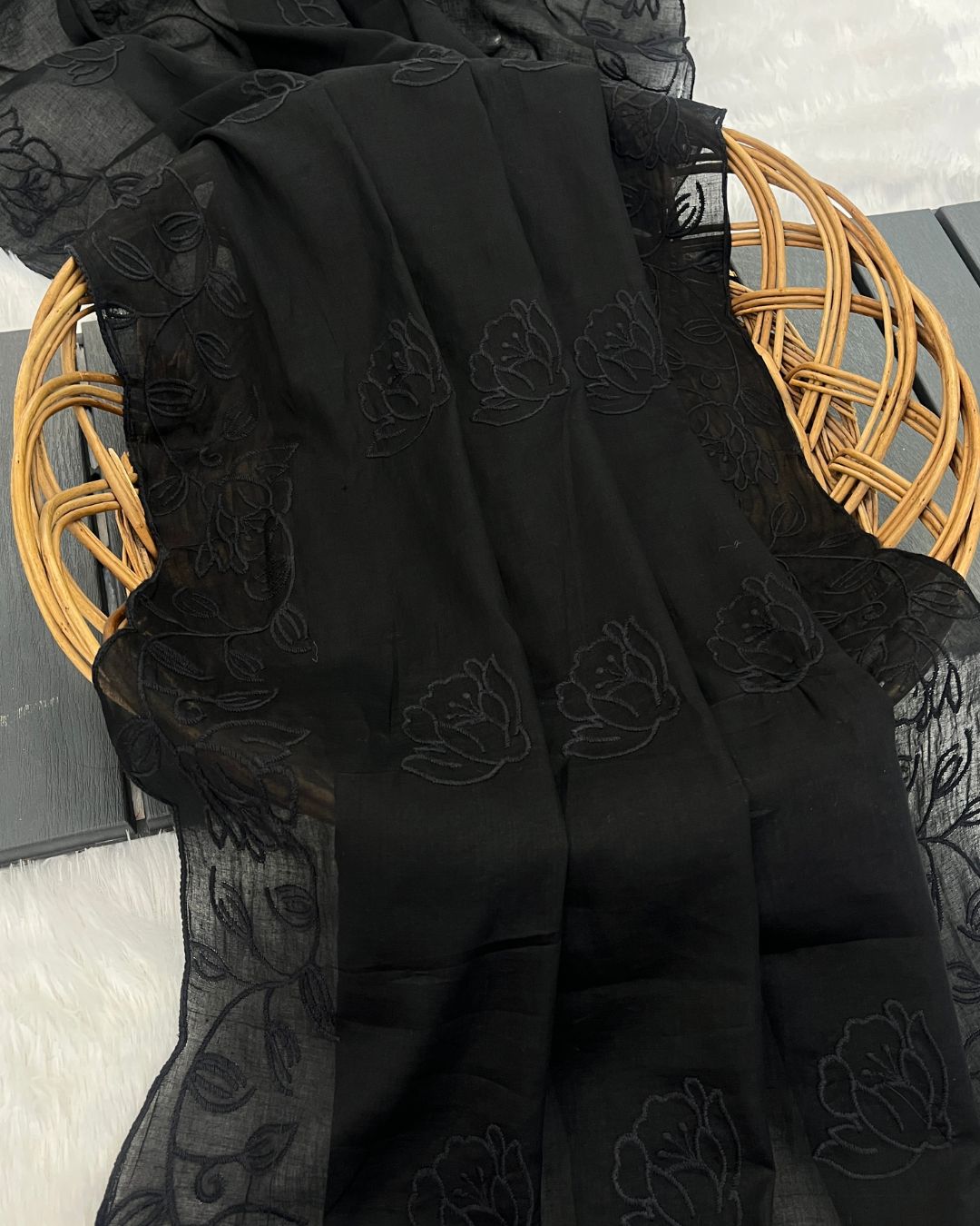 Black Cotton Mulmul Dupatta - Siyah Sitara