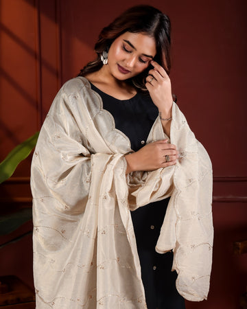 Dyeable Tissue Silk Embroidered Dupatta With Sequins & Zari Work - Leher Jaal