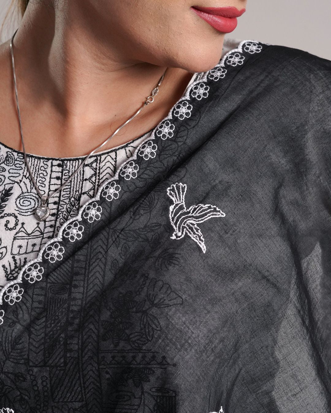 Black Cotton Mulmul Dupatta - Flying Motifs