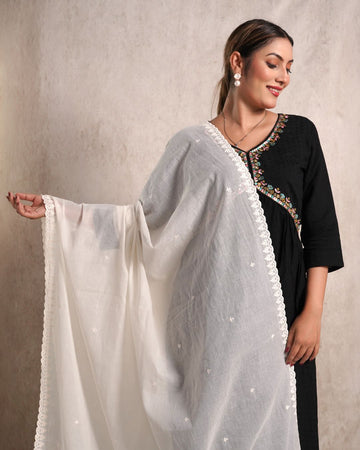 Dyeable Cotton Mulmul Dupatta - Thread Contour