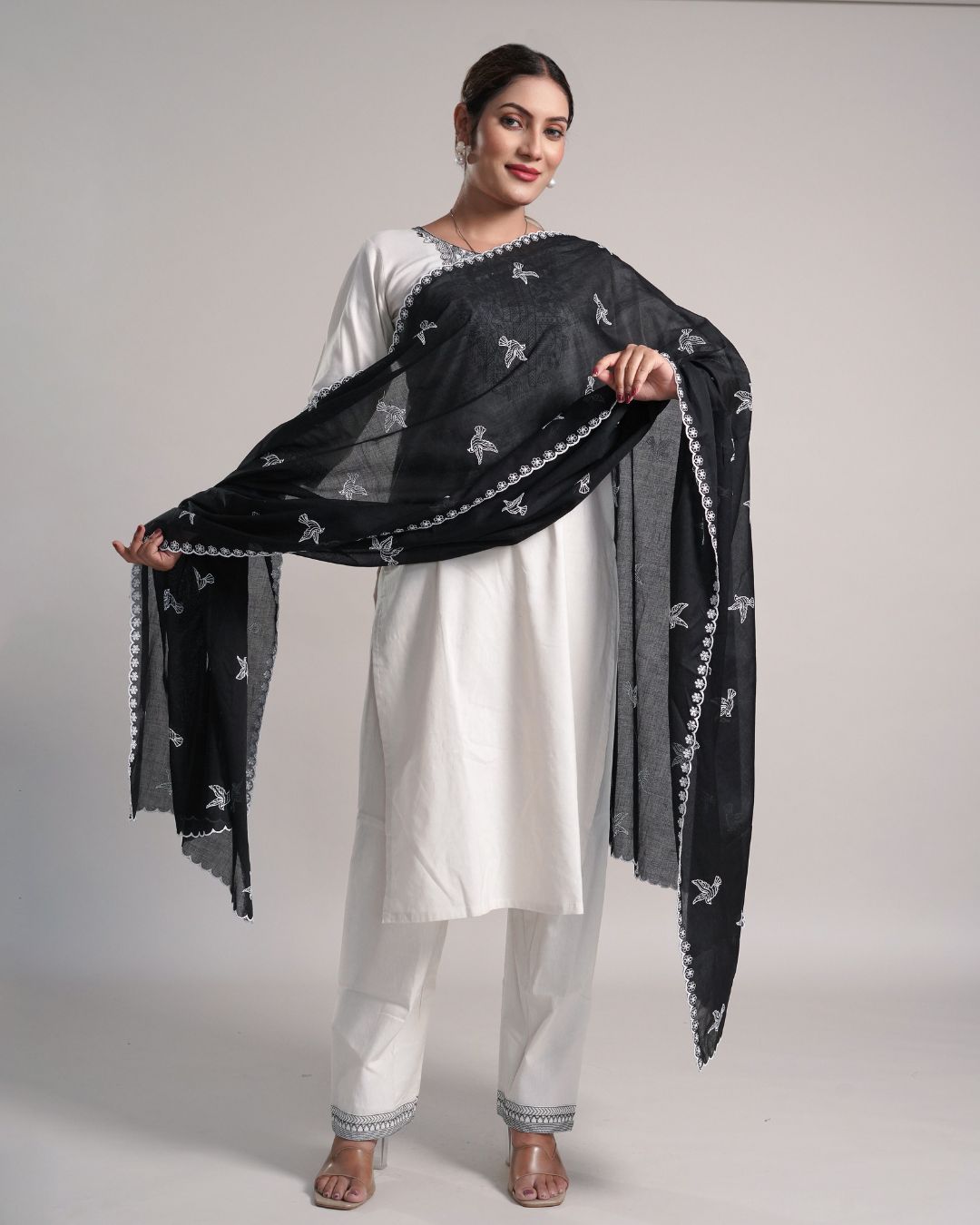 Black Cotton Mulmul Dupatta - Flying Motifs