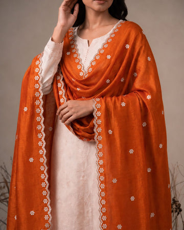 Noore Charm Orange Tissue Silk Dupatta With Sequins & Zari Work