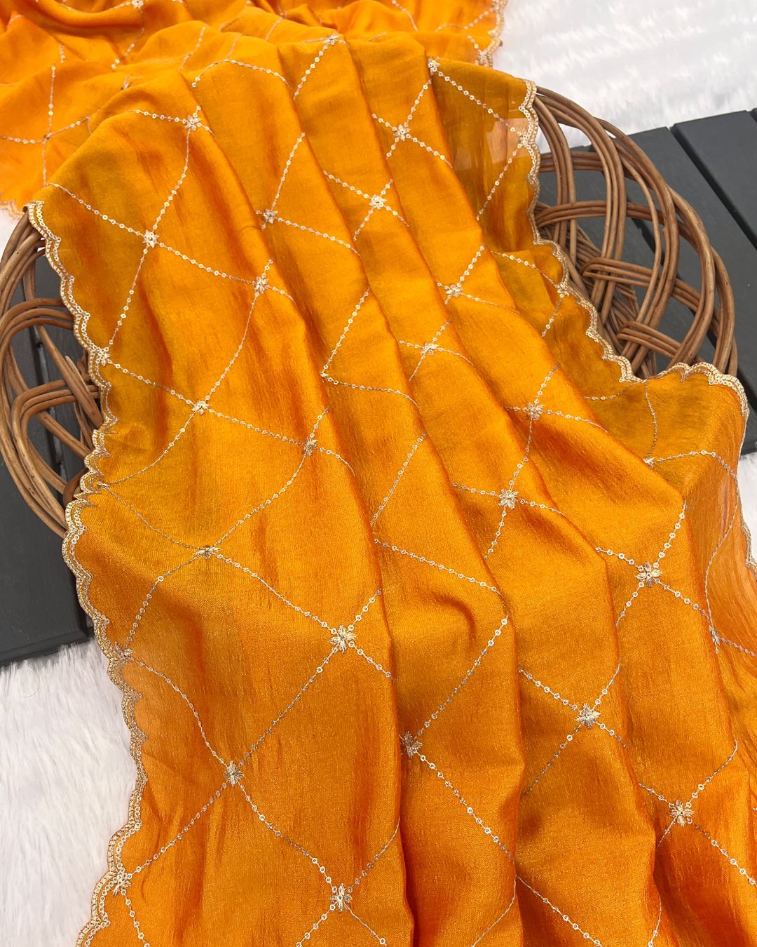 Vichitra Silk Embroidered Mustard Yellow Dupatta With Sequins & Zari Work - Kashida Zari