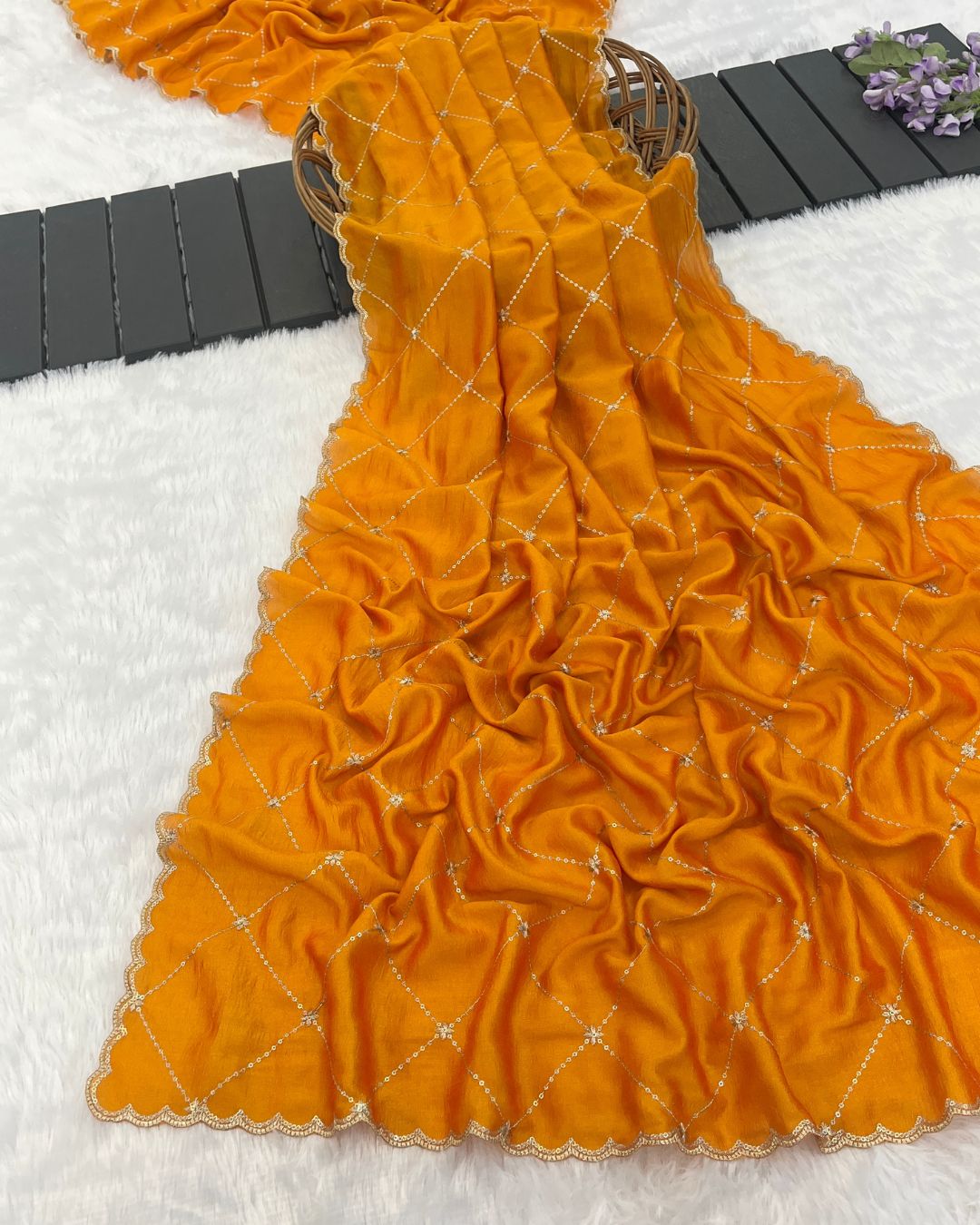 Vichitra Silk Embroidered Mustard Yellow Dupatta With Sequins & Zari Work - Kashida Zari
