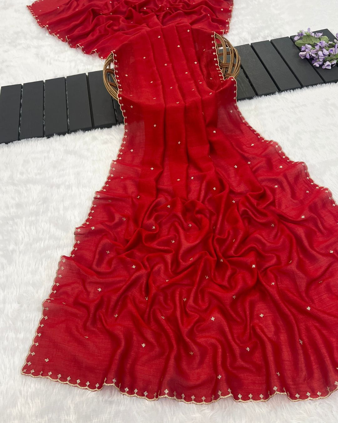 Vichitra Silk Embroidered Red Dupatta With Sequins & Zari Work - Dastoor Butti