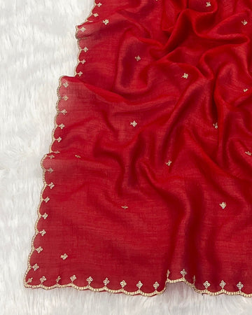 Vichitra Silk Embroidered Red Dupatta With Sequins & Zari Work - Dastoor Butti