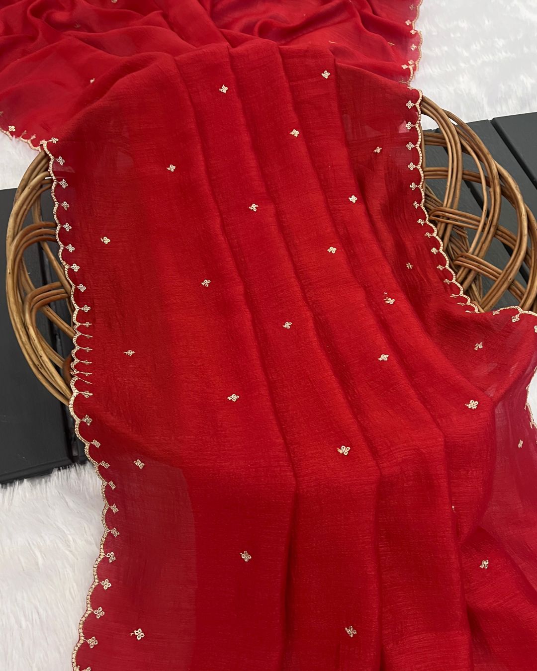 Vichitra Silk Embroidered Red Dupatta With Sequins & Zari Work - Dastoor Butti