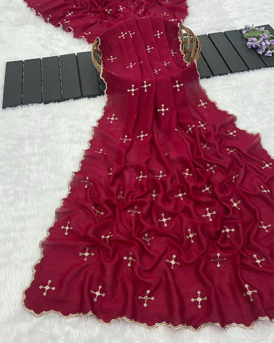 Vichitra Silk Embroidered Deep Rani Dupatta With Sequins & Zari Work - Mehboob Jhalak