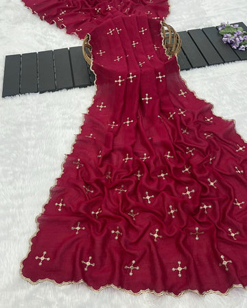 Vichitra Silk Embroidered Deep Rani Dupatta With Sequins & Zari Work - Mehboob Jhalak
