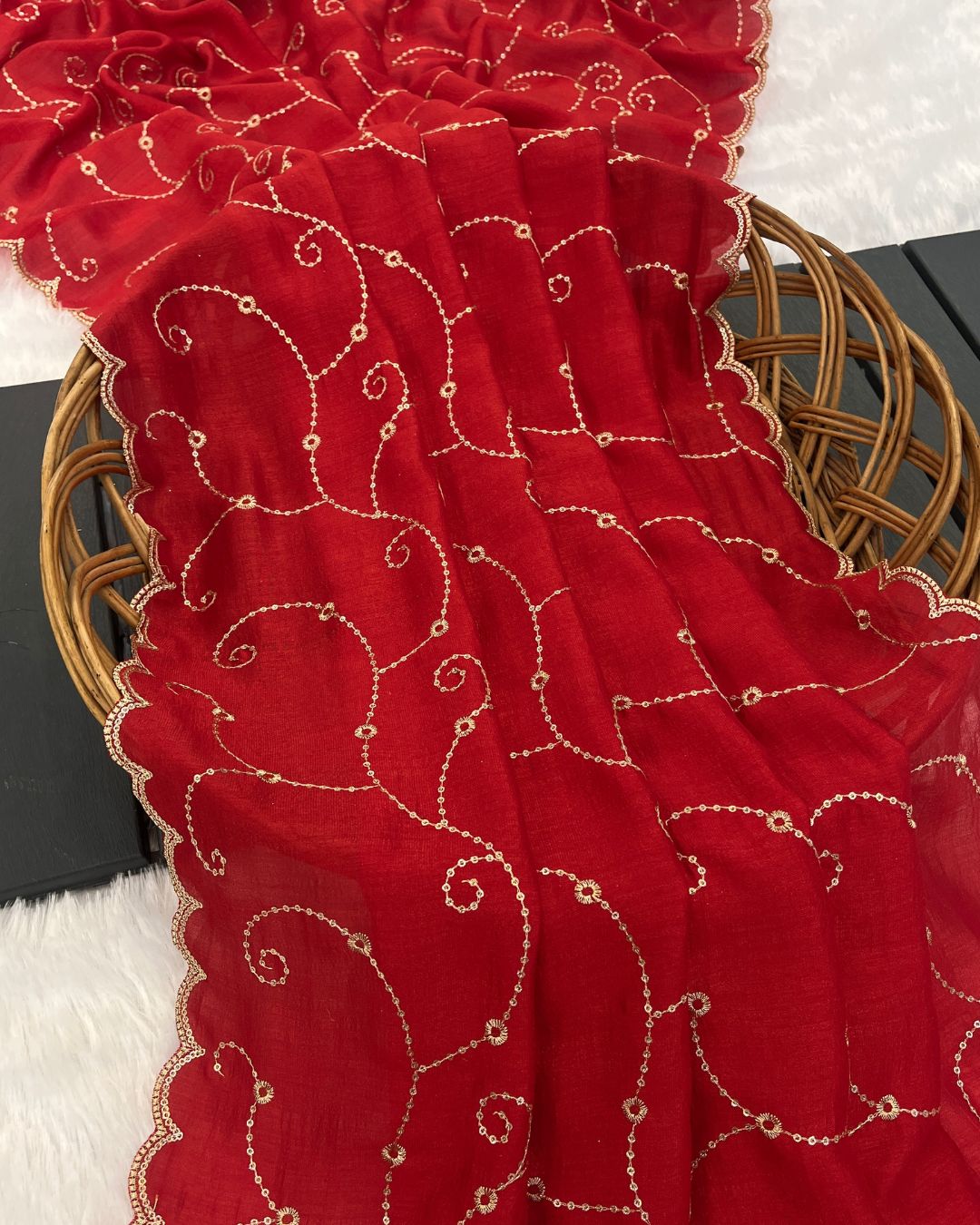 Vichitra Silk Embroidered Red Dupatta With Sequins & Zari Work - Chitra Veni