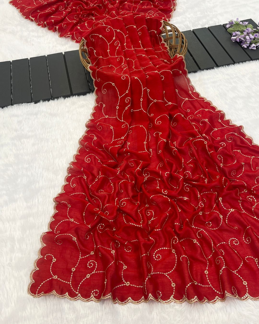 Vichitra Silk Embroidered Red Dupatta With Sequins & Zari Work - Chitra Veni