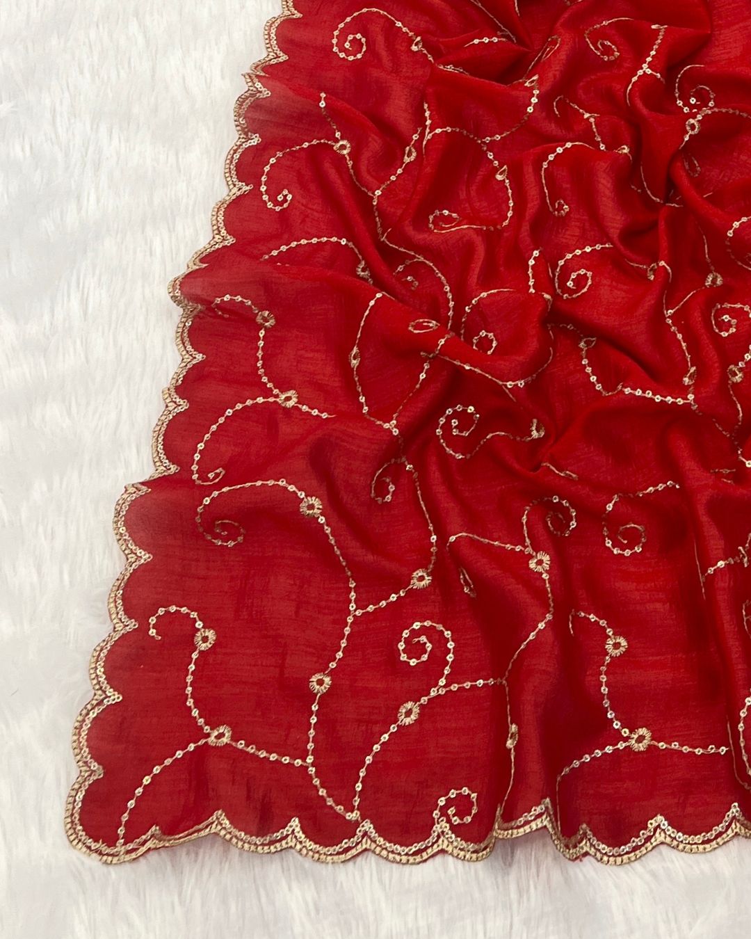 Vichitra Silk Embroidered Red Dupatta With Sequins & Zari Work - Chitra Veni