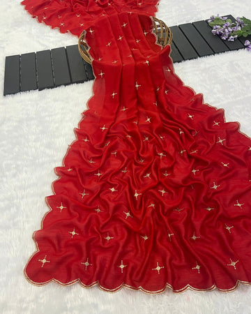 Vichitra Silk Embroidered Red Dupatta With Sequins & Zari Work - Varnam Kala
