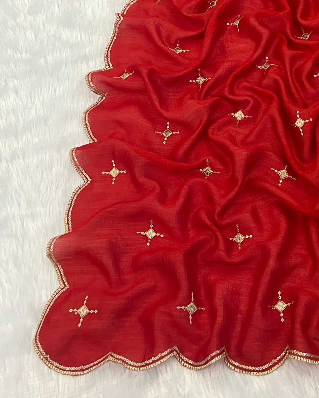 Vichitra Silk Embroidered Red Dupatta With Sequins & Zari Work - Varnam Kala