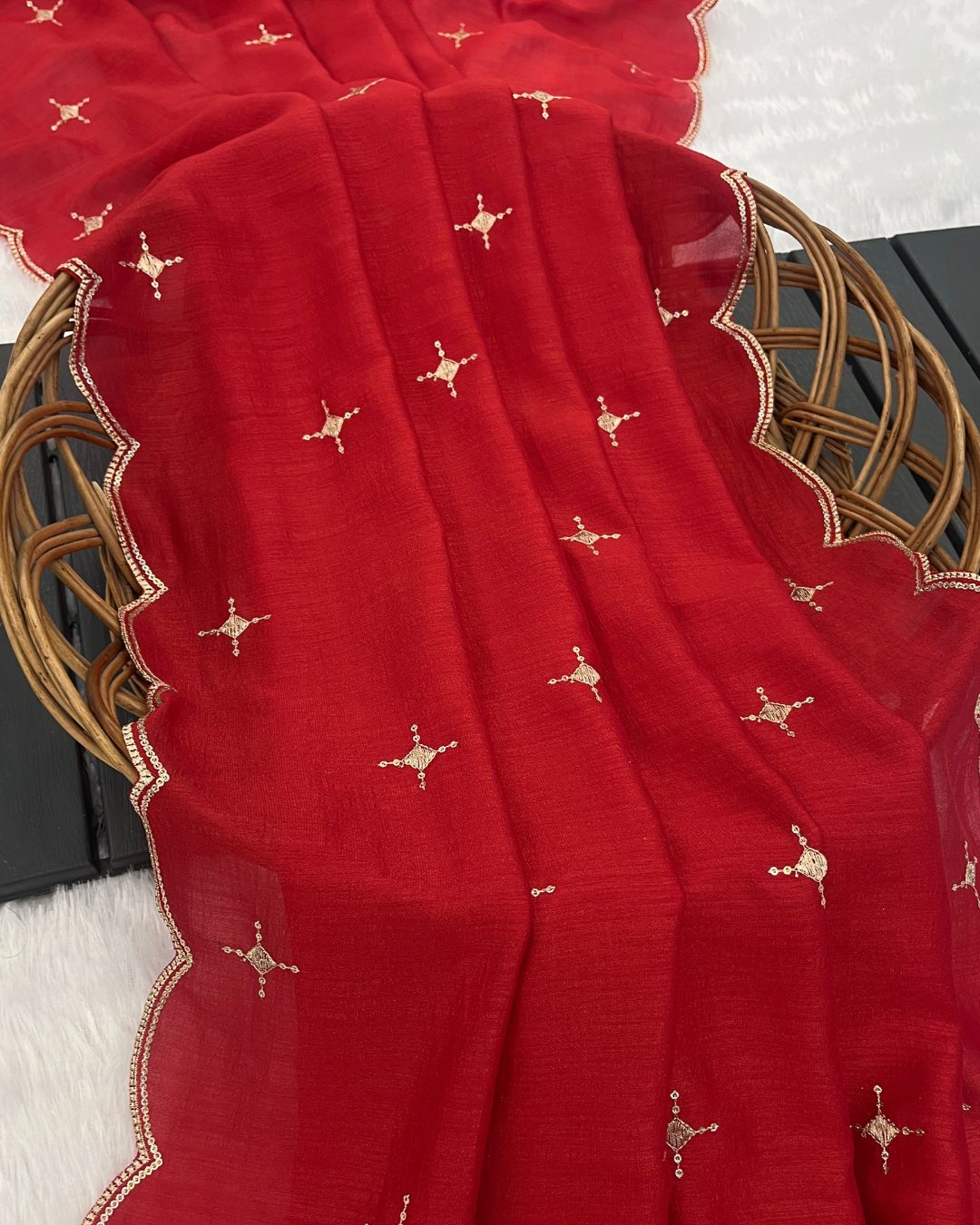 Vichitra Silk Embroidered Red Dupatta With Sequins & Zari Work - Varnam Kala