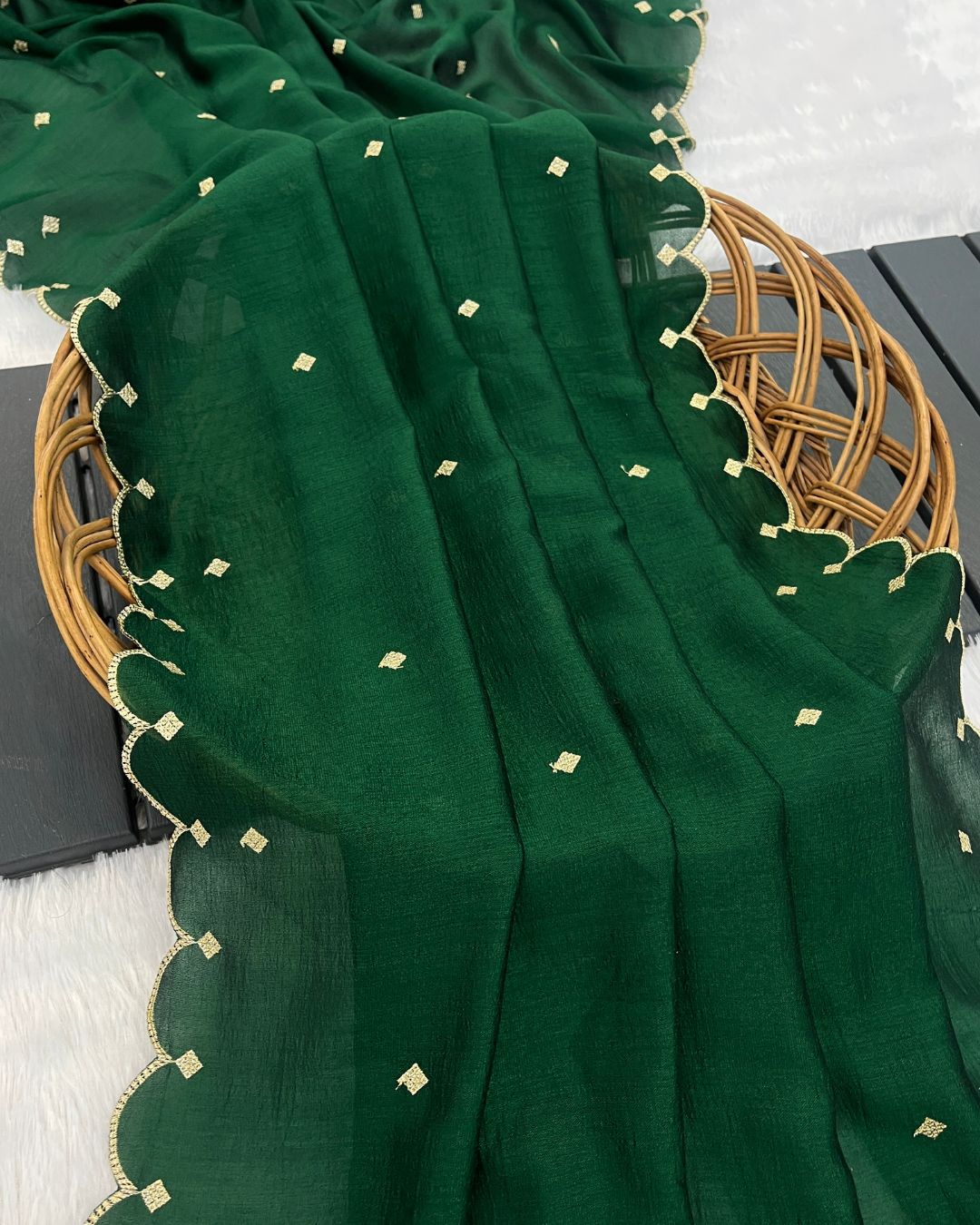 Vichitra Silk Embroidered Green Dupatta With Sequins & Zari Work - Chandra Kanti