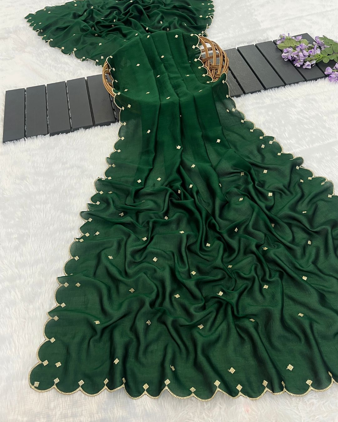 Vichitra Silk Embroidered Green Dupatta With Sequins & Zari Work - Chandra Kanti