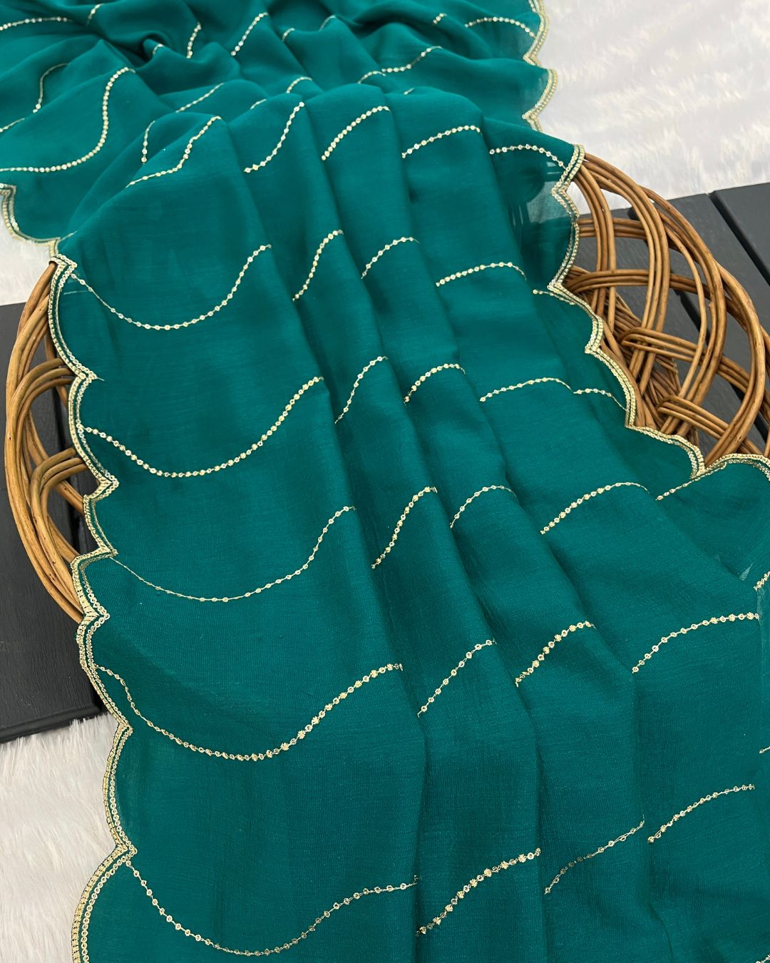 Vichitra Silk Embroidered Firozi Dupatta With Sequins & Zari Work - Leheriyaan