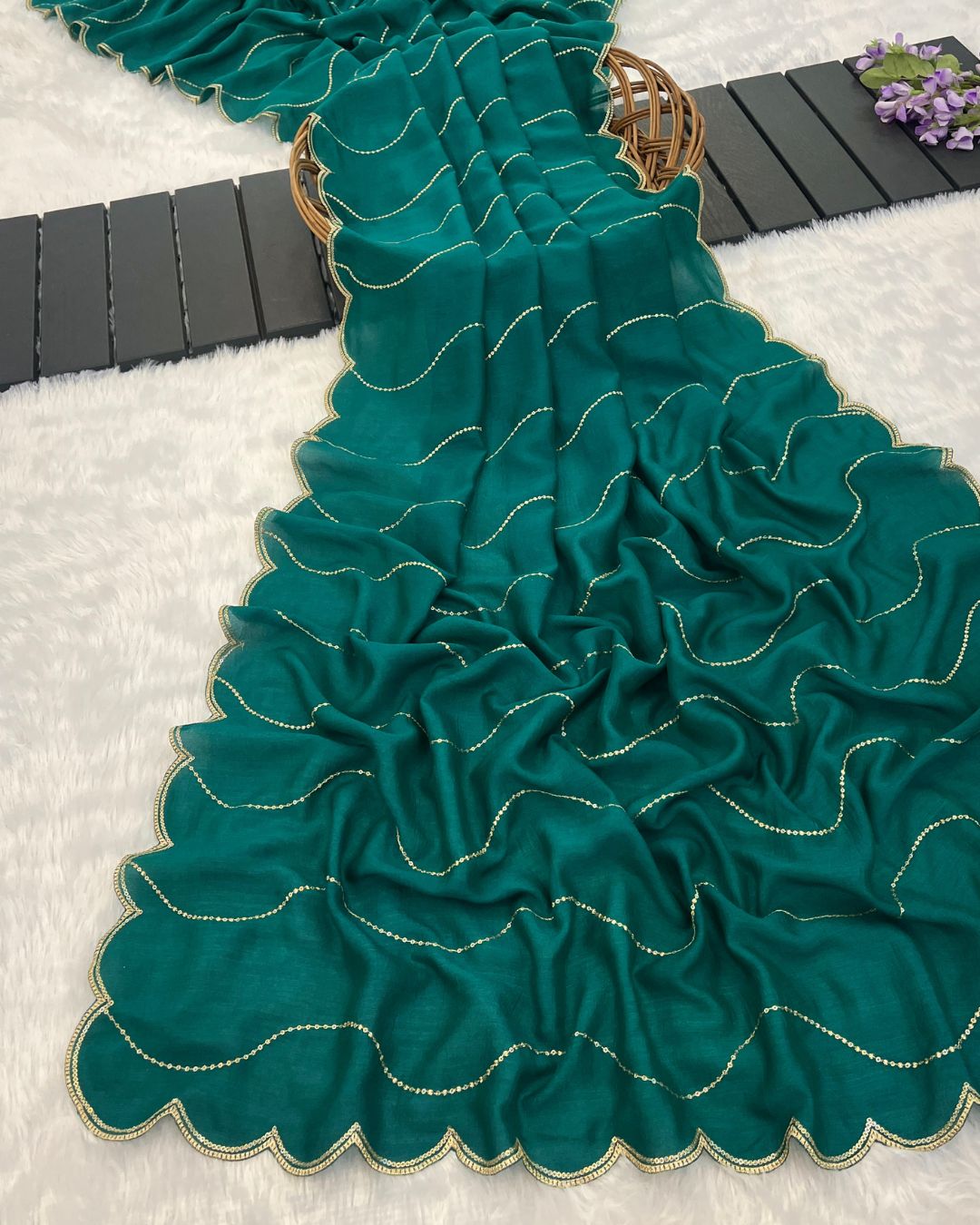 Vichitra Silk Embroidered Firozi Dupatta With Sequins & Zari Work - Leheriyaan
