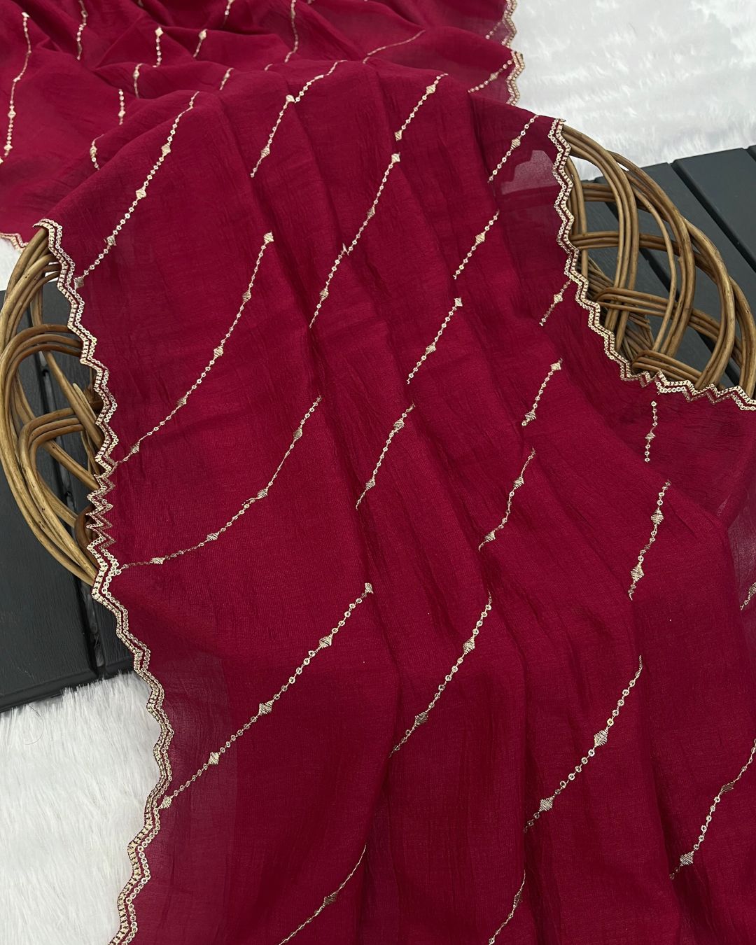Vichitra Silk Embroidered Deep Rani Dupatta With Sequins & Zari Work - Naqshaan