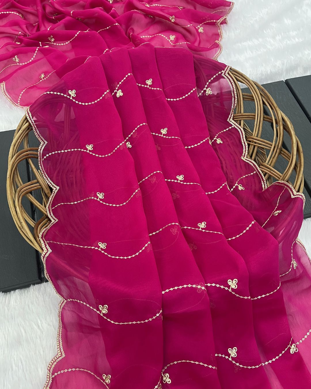 Rangoli Embroidered Light Rani Dupatta With Sequins & Zari Work - Ravish Nazara