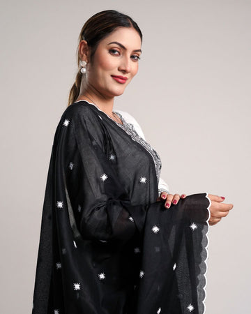Black Cotton Mulmul Dupatta - Scallop Grace