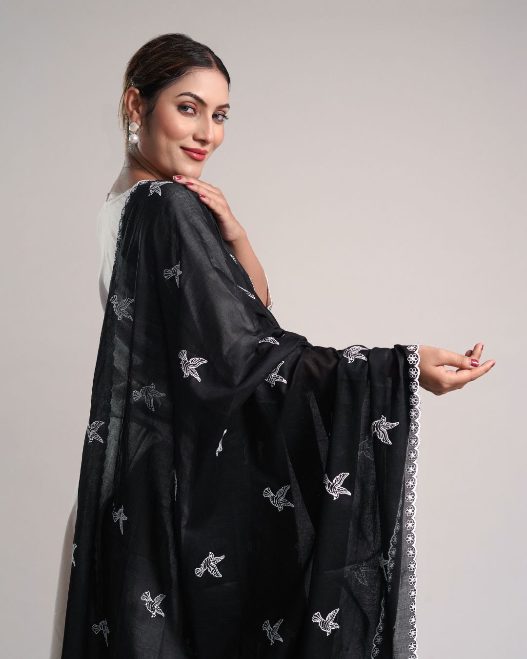 Black Cotton Mulmul Dupatta - Flying Motifs