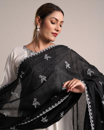 Black Cotton Mulmul Dupatta - Flying Motifs