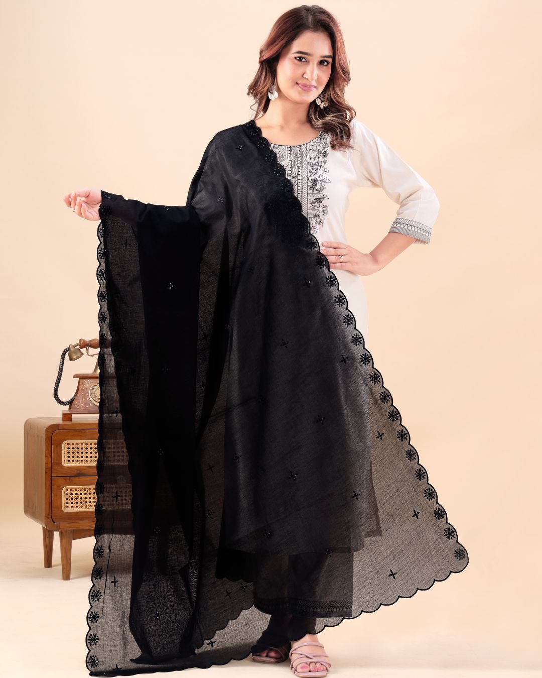 Black Cotton Mulmul Dupatta - Heritage Crest