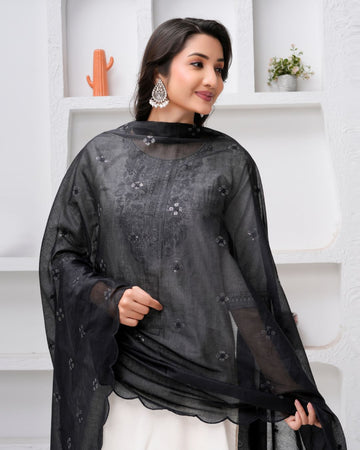 Black Cotton Mulmul Dupatta - Petite Motifs
