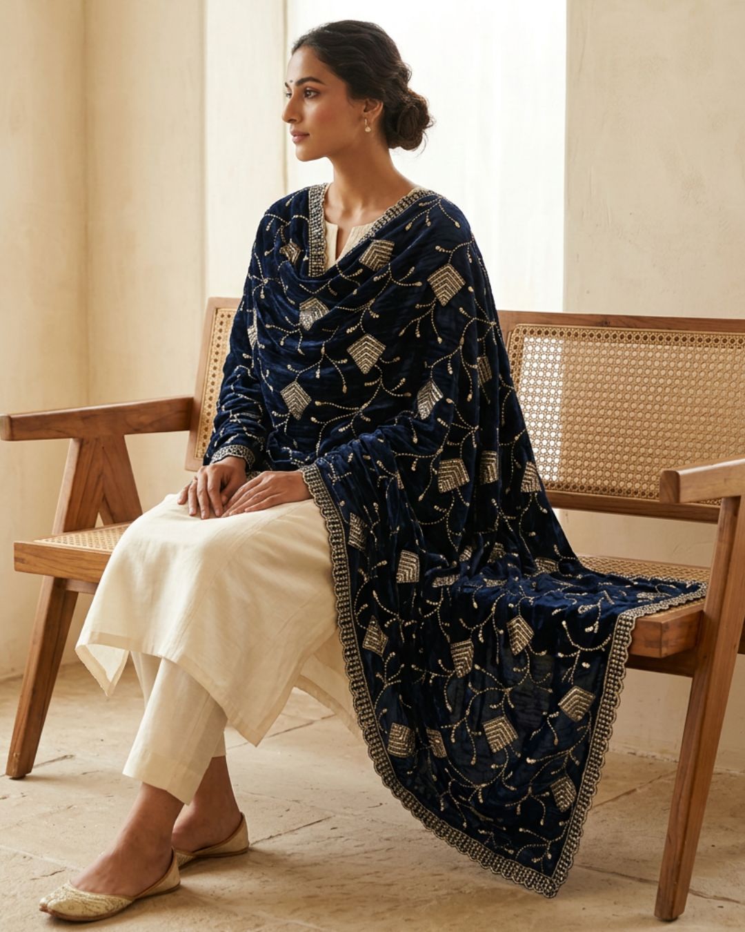 Crush Velvet Embroidered Navy Blue Dupatta - Shahi Andaaz